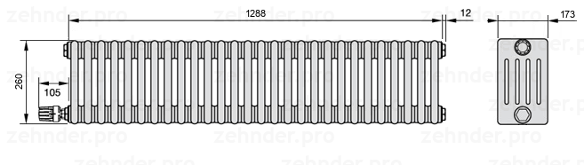 Схема (чертеж) Радиатор Zehnder Charleston 5026/28 №V004 Белый глянцевый RAL 9016